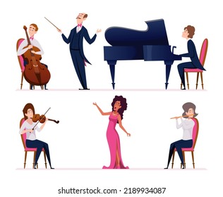 Opera. Theater classical instrumental band and singers rehearsal event artists in costumes exact vector opera colored characters