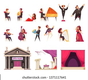 Opera theater flat cartoon elements set with performing musicians singers conductor stage curtain decorations building vector illustration