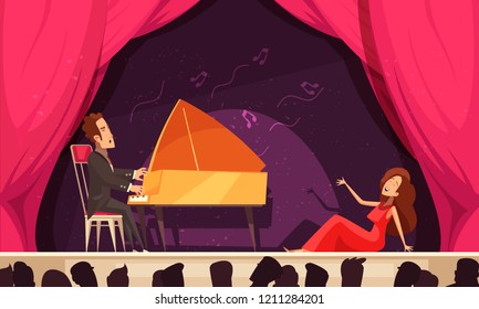 Opera theater flat cartoon horizontal composition with singer aria and pianist onstage performance audience heads silhouettes vector illustration