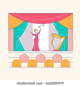 Opera Theater Premier Announcement Flat Cartoon Poster.Silhouette Of Beautiful Woman. Silhouette Of Cute Opera Singer In Pink Dress Isolated On White Background. Abstract Character