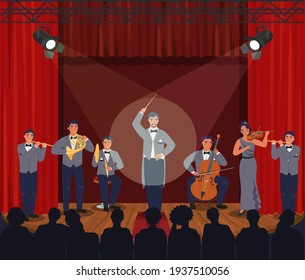 Opera theater scene with red curtains. Symphony orchestra performing on stage, vector illustration. Conductor and musicians playing violin, double bass, flute, tuba. Classical music concert.