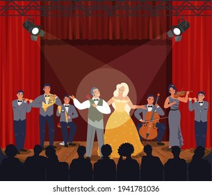 Teatro de Ópera con cortinas rojas. Músicos y actores cantantes actuando en el escenario frente a la audiencia, ilustración vectorial. Ópera, espectáculos.