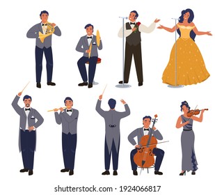 Opera theater singer and musician, male and female character set, flat vector isolated illustration. Group of people performing on stage. Classical music concert, symphony orchestra.