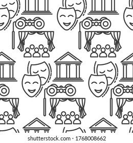 Opera or theatre seamless pattern. Performance of artists on scene and audience, colorless drama and comedy masks. Spectacles for zooming and curtains, theatrical disguises vector in flat style