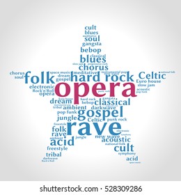 Opera. Word cloud, five-pointed star, gradient grey background. Music concept.	