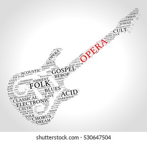 Opera. Word cloud, guitar, gradient grey background. Music concept.