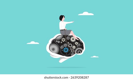 operate AI in business management, artificial intelligence an the future of project management to reach success or business goal, businesswoman riding the AI brain to control the management system