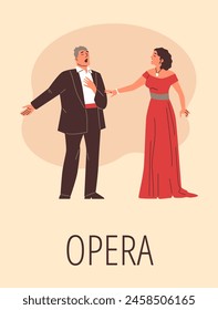 Operatic duet performance with a male and female singer passionately singing. Vector illustration of opera singers on stage.