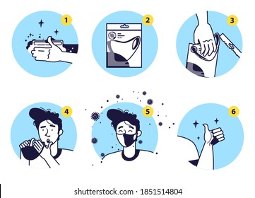 Operating instructions. Wear a medical mask safely. Set of icons. Prevention of disease. Wash their hands. Remove from packaging. Put it on your face. Don't be afraid of viruses.