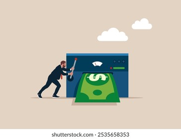 Operating Large Lever in Finance. Effort and time to make money. Flat vector illustration