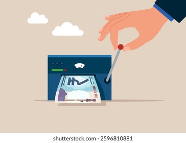 Operating Large Lever in Finance. Effort and time to make rupee money. Money printing machine. Flat vector illustration