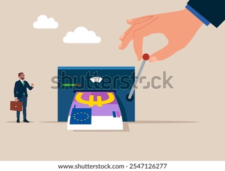 Operating Large Lever in Finance. Effort and time to make euro money. Money printing machine. Flat vector illustration