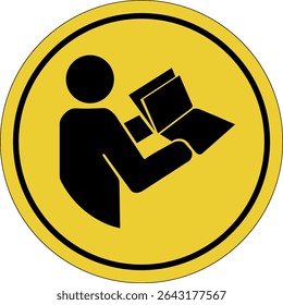 Operating manual. Instruction. Yellow circle sticker. Warning icon. Yellow sign. Circle label.