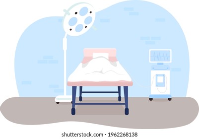 Operating room 2D vector web banner, poster. Health care. Clinical bed, medical treatment. Hospital interior flat scene on cartoon background. Medicine printable patch, colorful web element