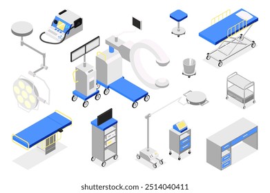 Sala de operações 3d isométrica mega conjunto em isometria design gráfico. Elementos de coleta de sofá, lâmpada, sistema de monitoramento, mesas, maca, raio-x, equipamento cirúrgico, outras ferramentas. Ilustração vetorial.