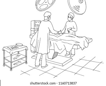 Operating Room Graphic Black White Interior Sketch Illustration Vector. Surgeon Performing An Operation