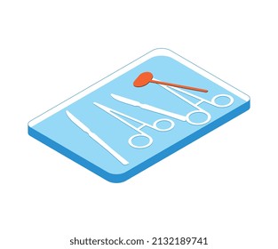 Operating room isometric composition with isolated image of plate with scalpels and scissors vector illustration