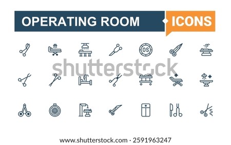 Operating Room line icons. It contains symbols to head, knee, up, doctor, side view, patient, technology, lying. Collection for mobile and web apps. Solid line editable vector illustration.