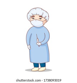operating room nurse with the injection. cute cartoon vector illustration isolated on white background