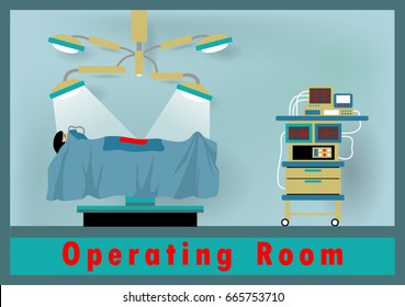 Operating room with patient, vector cartoon illustration