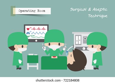 Operating Room ( OR ) . Surgeon, Assistant and Anesthetist operate on patient. Vector .