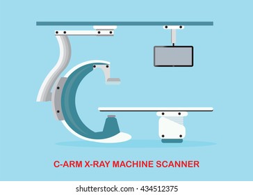 Operating room with X-ray medical scan, Angiography Machine or C Arm X-Ray Machine Scanner, vector illustration.