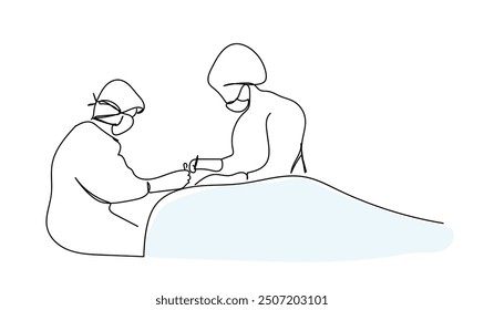 Operating surgery concept one line draw design vector illustration. Single continuous single line drawing group of team surgeon doctor doing surgery operation to the patient with critical condition.