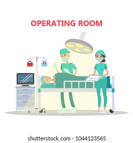 Operating surgery room with doctors and patient on white.