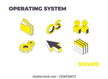 Operating System 3d Icons. Folders, cursor, users, settings, applications. Vector isometric elements for presentations, websites and infographics.