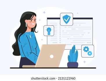 Operating system abstract concept. Young female developer sets up software on laptop and comes up with new ideas. Woman installs os on digital device. Cartoon contemporary flat vector illustration