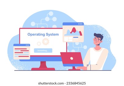 Operating system concept. Man behind laptop updates computer, downloads and uploads files. IT specialist and programmer at workplace. Program and software. Cartoon flat vector illustration