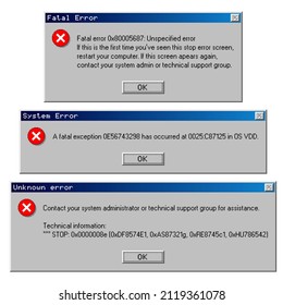 Operating system error dialog boxes with text message. Vintage computer software. 95-98 year UI design style. Vector illustration