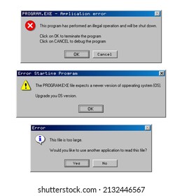 Operating system error dialog boxes with text message. Vintage computer software. 95-98 year UI design style. Vector illustration