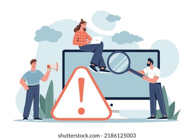 Operating system error. Men and girls next to computers and laptops. Modern technologies, programmers correct errors in code. Technical support and IT specialists. Cartoon flat vector illustration