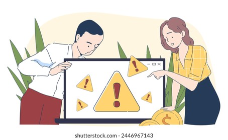 Operating system error people simple. Man and woman near laptop with yellow triangles and exclamation marks. Yechnical support. Programmers and IT specialists. Doodle flat vector illustration