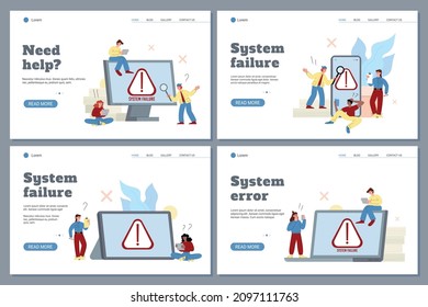 Operating system error warning and computer software failure web banners bundle, flat vector illustration. Web pages for connection and technical system problems.
