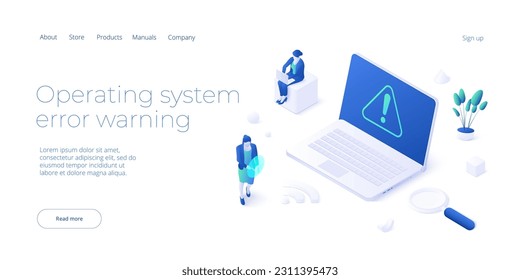 Operating system error warning illustration in isometric vector design. OS alert concept or website mistake. Computer failure or danger, maintenance problem.