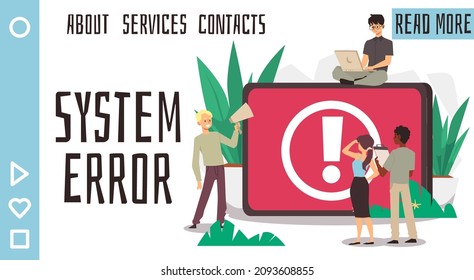 Operating system error warning for web page, banner, social media, documents. People work on fixing 404 error web page, cartoon vector. Computer troubleshooting, problem fix abstract illustration.