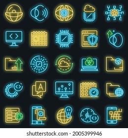 Operating system icons set. Outline set of operating system vector icons neon color on black