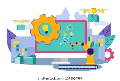 Operating System of Industrial Enterprise. Computer Technology. Setting Working Process. Modern and Technology. Vector Illustration. Delivery Cargo. Smart Idustry. Industrial Equipment System Settings