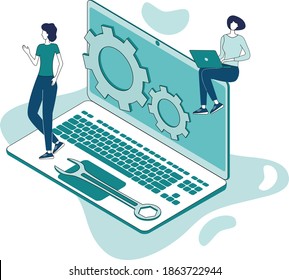 Operating system maintenance.The modern concept of maintenance of operating systems for web design. Communication technology.Business concept.Isometric vector image.3D-image