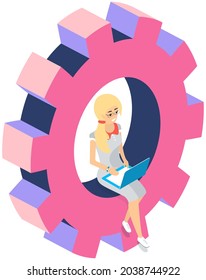 Operating system maintenance for web design. Adjusting app, setting options, repair, fixing. Woman with laptop working with settigns program. Phone customization application development with computer