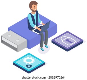 Operating system maintenance for web design. Adjusting app, setting options, repair, fixing. Man with laptop working with settigns program. Phone customization application development with computer
