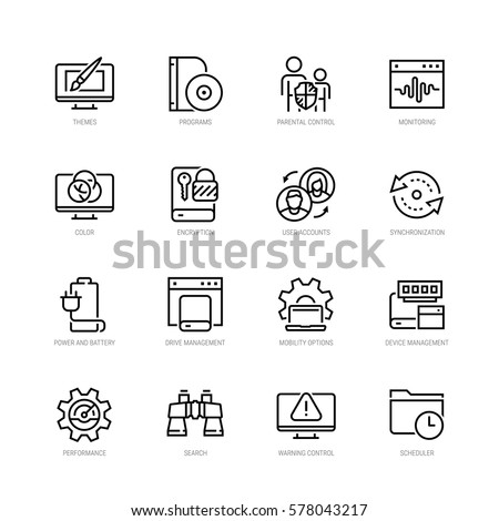 Operating system and its management vector icon set in thin line style