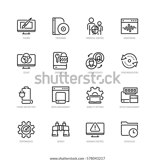Operating system and its management vector icon set\
in thin line style
