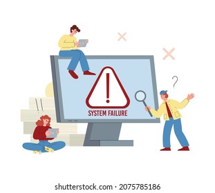 Operating system OS error banner concept with cartoon people characters near huge computer display, flat cartoon vector illustration isolated on white background.