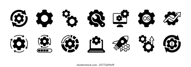 Operating system or OS icon vector set. Containing software update, configuration, customization, options, maintenance, progress bar, upgrade, settings, installation, process, service