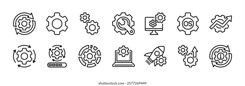 Operating system or OS thin line icon set. Containing software update, configuration, customization, options, maintenance, progress bar, upgrade, settings, installation, process, and service vector