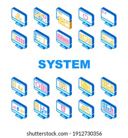 Sistema Operativo Pc Colección Icons Set Vector. Seguridad Y Error De Datos Del Sistema Informático, Conexión Y Descarga, Archivos De Medios Y Carpetas Isometric Sign Color Illustrations