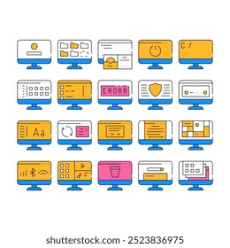 Sistema Operativo Pc Colección Iconos Set Vector. Seguridad Y Error De Datos Del Sistema Informático, Conexión Y Descarga, Archivos Multimedia Y Carpetas Color Contorno Ilustraciones